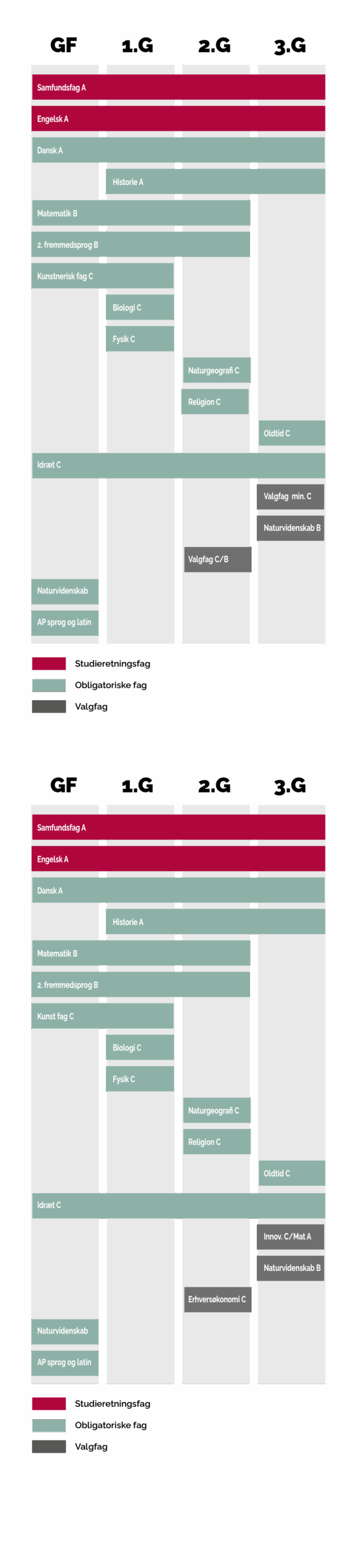 En grafisk model der viser, hvornår du har hvilke fag på denne studieretning. Af modellen fremgår følgende:
Samfundsfag og Engelsk på A-niveau, som er dine to studieretningsfag, har du både i grundforløb,1g., 2.g og 3.g.
Dansk på A-niveau, som er et obligatorisk fag, har du både i grundforløb, 1.g, 2.g og 3.g.
Historie på A-niveau, som er et obligatorisk fag, har du i 1.g, 2.g og 3.g.
Matematik og 2. fremmedsprog på B-niveau, som begge er obligatoriske fag, har du i grundforløb, 1.g og 2.g
Kunstnerisk fag på C-niveau, som er et obligatorisk fag, har du i grundforløb og 1.g
Fysik og naturgeografi på C-niveau, som er obligatoriske fag, har du kun i 1.g.
Biologi og religion på C-niveau, som er obligatoriske fag, har du i 2.g
Oldtidskundskab på C-niveau, som er et obligatorisk fag, har du i 3.g
Idræt på C-niveau, som er et obligatorisk fag, har du i grundforløb, 1.g, 2.g og 3.g.
NV og AP, som er obligatoriske fag, har du kun i grundforløb.
I 2.g har du et valgfag, som enten er et nyt C-niveau-fag eller et fag, du hæver fra C-niveau til B-niveau. I 3.g skal du hæve et naturvidenskabeligt fag fra C-niveau til B-niveau samt enten vælge et nyt valgfag på C-niveau eller hæve et valgfag fra C-niveau til B-niveau eller hæve et fag fra B-niveau til A-niveau.